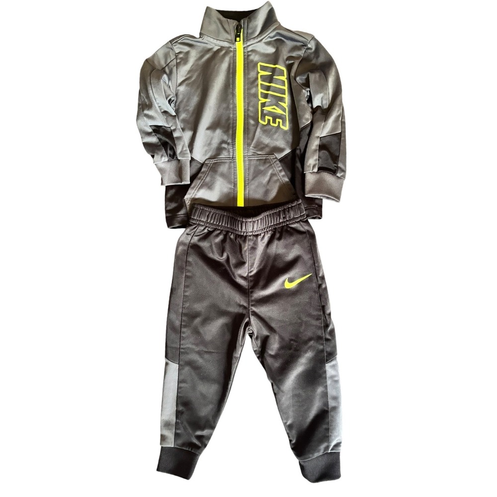 Nike Toddler Boys 18M Tracksuit Set Gray‎ Black Neon Yellow Zip Jacket Pants 2pc